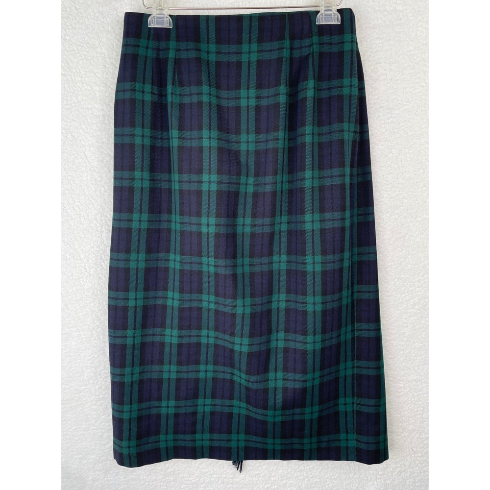 Rafaella Petites Wool Wrap Skirt Black Watch Plaid Fringed Midi Green Navy 12P - Picture 4 of 10